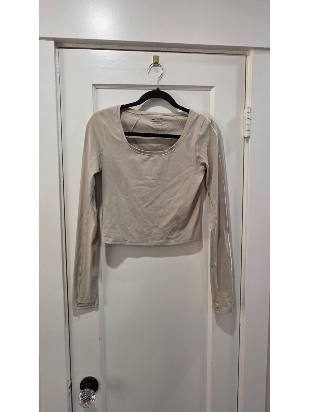 Athleta Transcend Contrast Stitch Top Size Small Beige